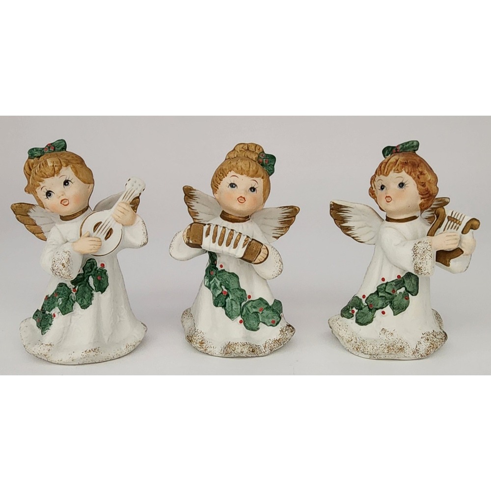 Vintage Homco Angel Figurines Set 3 Musical Cherubs 5252 White Gold Small EXC